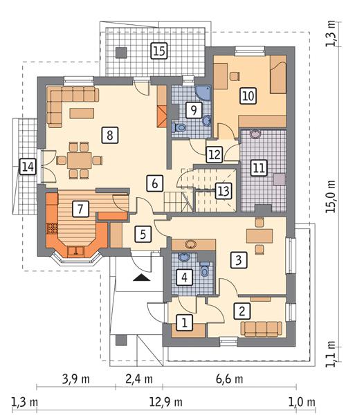 Rzut parteru: (w tym pow. użytkowa usługi 32,4 m2) POW. 117,7 m²