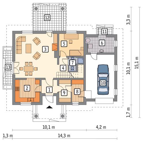 Rzut parteru POW. 105,1 m²