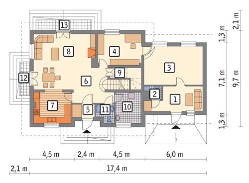 Rzut parteru: (w tym pow. użytkowa usługi 47,2 m2) POW. 114,2 m²