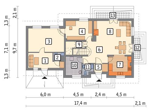 Rzut parteru lustro: (w tym pow. użytkowa usługi 47,2 m2) POW. 114,2 m²