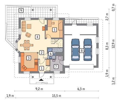 Rzut parteru POW. 115,4 m²
