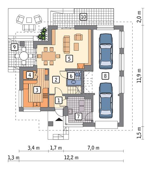 Rzut parteru: Wersja podstawowa POW. 90,1 m²