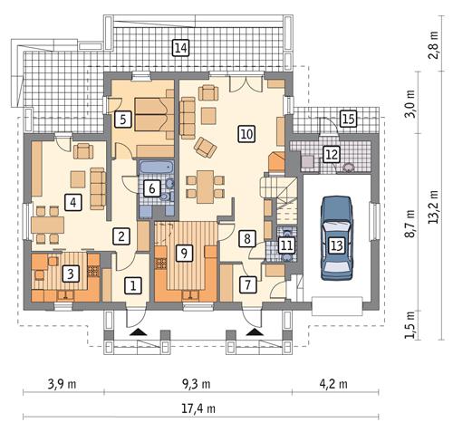 Rzut parteru: wersja podstawowa POW. 136,8 m²