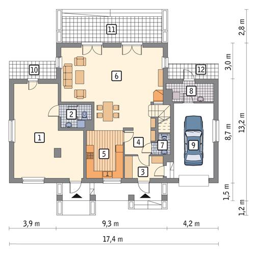 Rzut parteru: wersja podstawowa POW. 139,2 m²