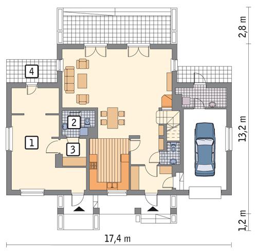 Rzut parteru: wariant 2 POW. 39,4 m²