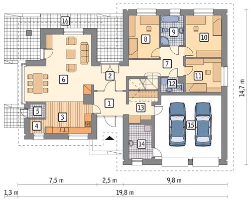 Rzut parteru POW. 166,1 m²