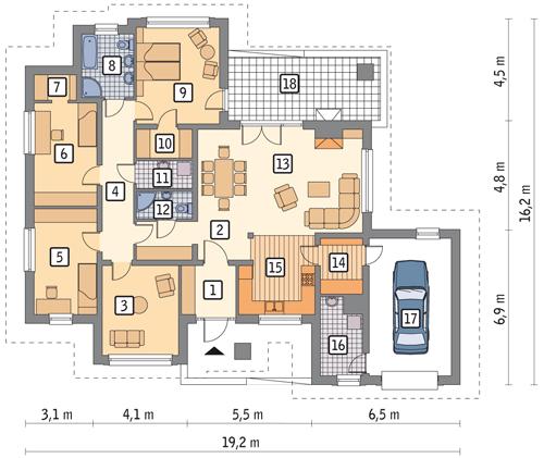 Rzut parteru POW. 166,2 m²