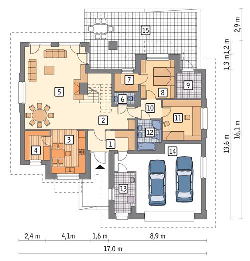 Rzut parteru: wersja podstawowa POW. 165,5 m²