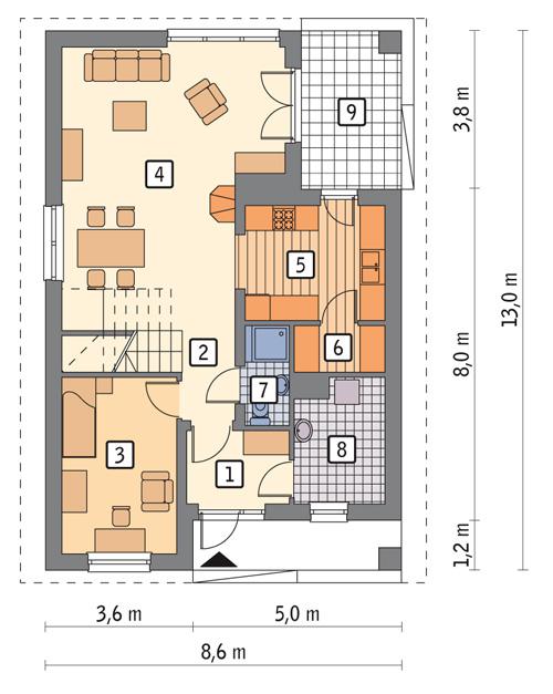 Rzut parteru POW. 69,9 m²