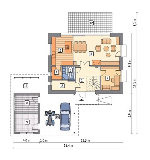 Rzut parteru POW. 77,6 m²