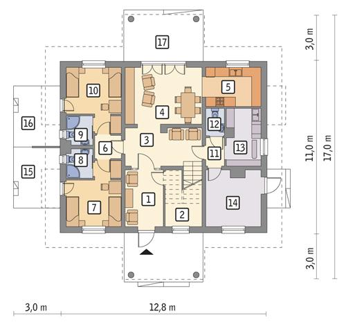 Rzut parteru: wersja podstawowa POW. 113,7 m²
