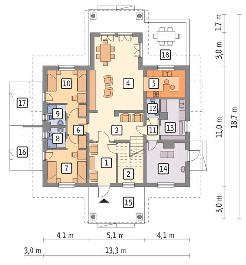 Rzut parteru POW. 124,8 m²