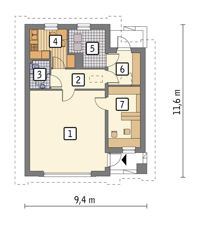 Rzut parteru: wariant 1 POW. 75,9 m²