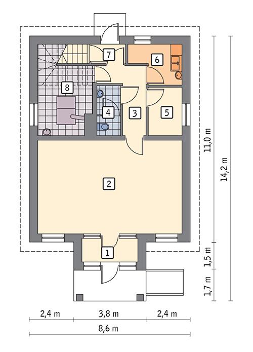 Rzut parteru POW. 74,8 m²