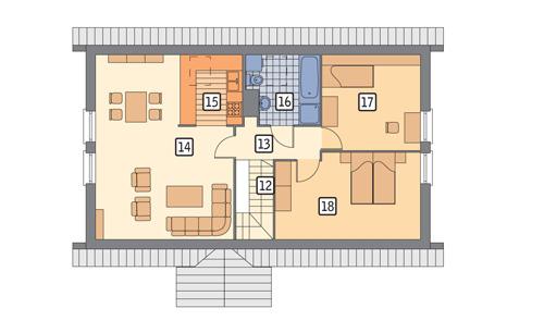 Rzut poddasza: II etap realizacji (58,1 m2 powierzchni użytkowej)