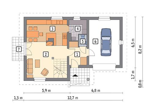Rzut parteru POW. 72,6 m²