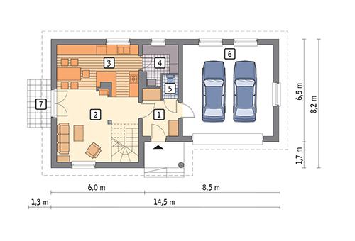Rzut parteru: wersja podstawowa POW. 82,7 m²