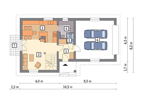 Rzut parteru: wariant POW. 82,7 m²