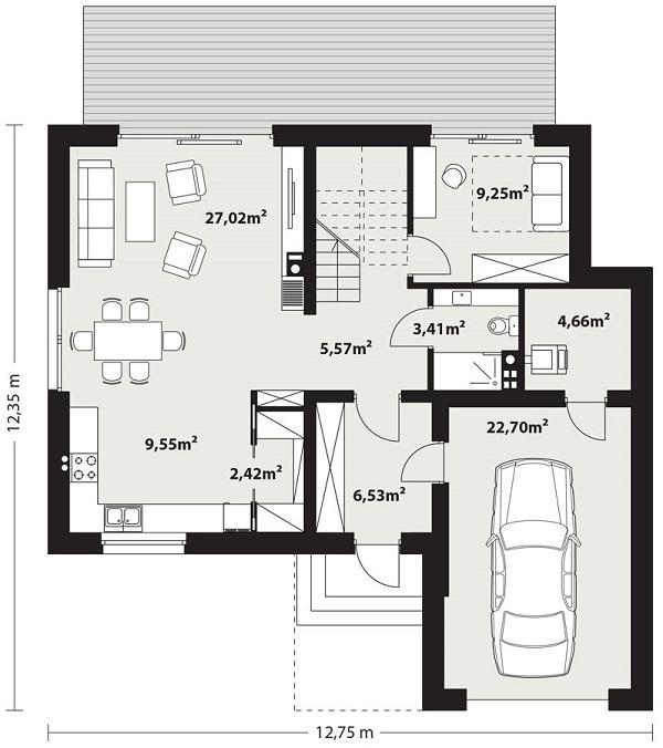 Rzut parteru POW. 91,1 m²