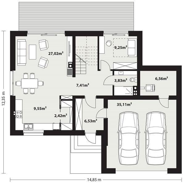 Rzut parteru POW. 107,7 m²
