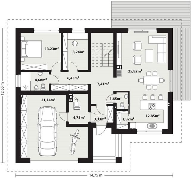Rzut parteru POW. 121,3 m²