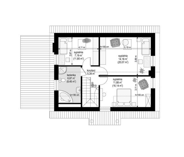 Rzut poddasza lustro POW. 61,8 m²