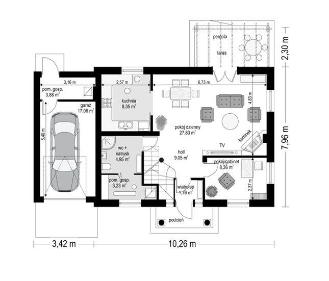 Rzut parteru lustro POW. 84,5 m²