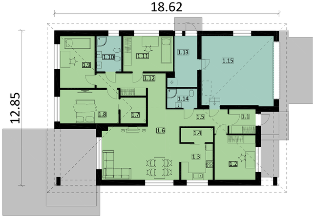 Rzut parteru POW. 174,6 m²