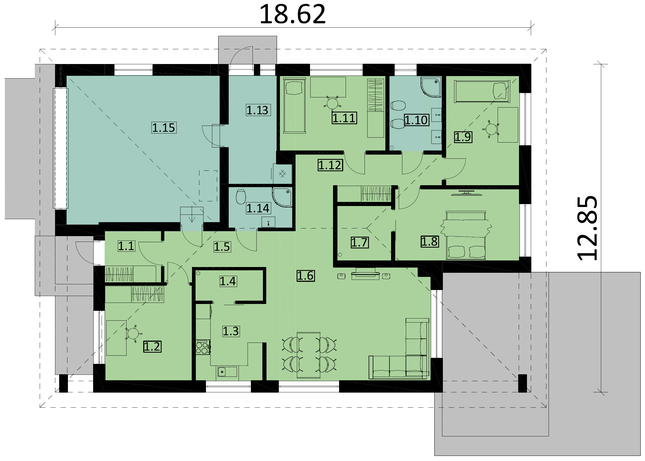 Rzut parteru lustro POW. 174,3 m²