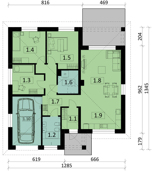 Rzut parteru POW. 121,9 m²
