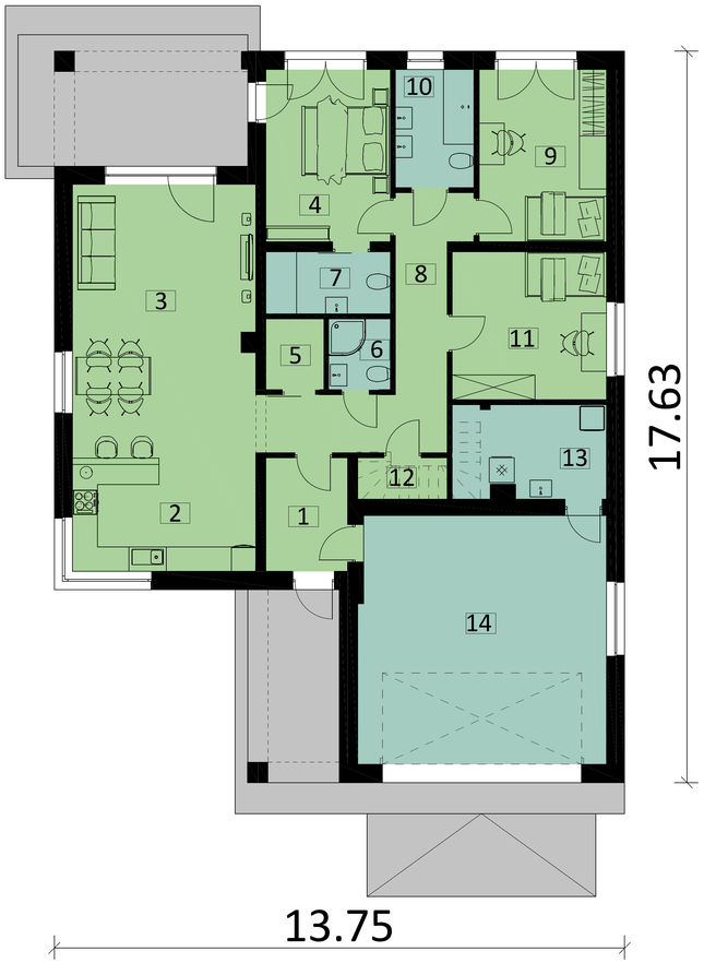 Rzut parteru POW. 159,9 m²