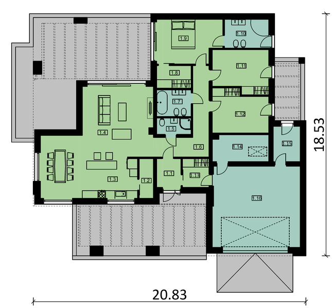Rzut parteru POW. 202,5 m²