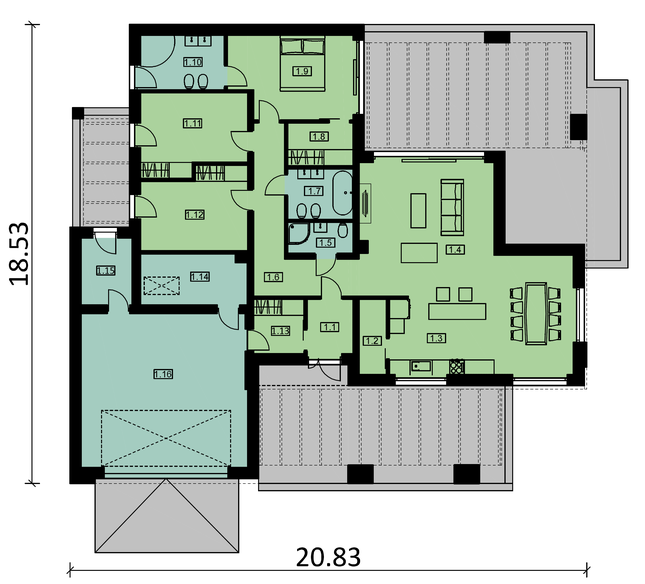 Rzut parteru lustro POW. 202,5 m²