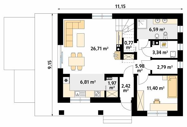 Rzut parteru POW. 68,8 m²